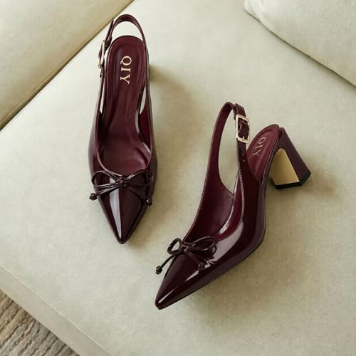 Image of QIY Womens Pumps Chunky Heel Pointed Toe Slingback Heels for Women