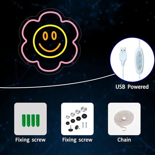 Image of Flower Neon Sign for Wall Decor, Smile Flower Led Signs, Dimmable Neon Light Sign for Bedroom, Game Room, Living Room, Bar Decoration, USB Powered Light Up Signs for Man Cave
