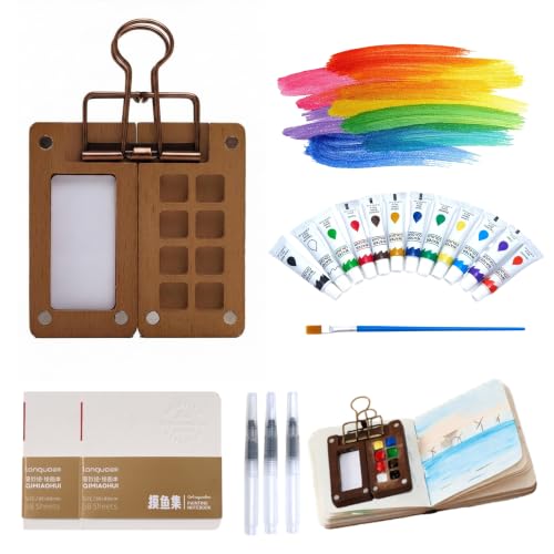 Mini Watercolor Paint Set with 12 Colors Wooden Palette - 4 Brushes 2 Sketchbooks & Portable Watercolor Kit for Travel Pocket Painting Kit - Compact Design for Artists and Creative Sketching & Gifts