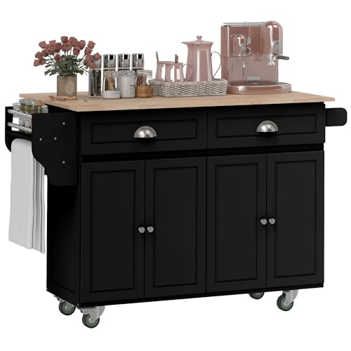 HOMCOM Rolling Kitchen Island Cart with Drop Leaf, Kitchen Cart on Wheels with Wood Top, 2 Drawers and 2 Storage Cabinets, Island Table for Kitchen, Dining Room, Black