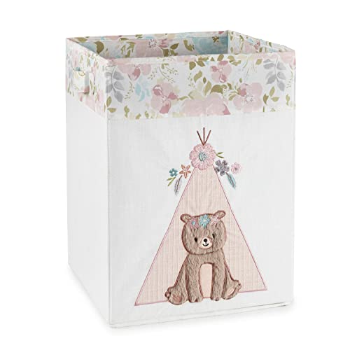 Image of Levtex Baby - Malia Nursery Hamper - Appliqued and Embroidered Bear - Cream Canvas with Pink Floral - Nursery Accessories - Size: 20x20x18in.