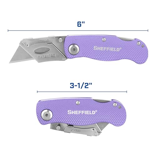 Image of Sheffield 12346 Lock Back Utility Knife 4 Pack with 10 Utility Knife Blades | Box Cutter with Aluminum Texture Grip Handle, Features Pocket Clip, Patented Quick Change Utility Blade Mechanism