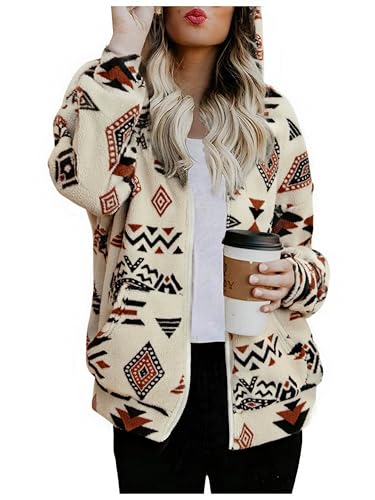 LUKYCILD Womens Western Aztec Print Zip up Hoodies Sweatshirt Sherpa Fleece Jacket Coat with Pockets Casual Warm Outwear