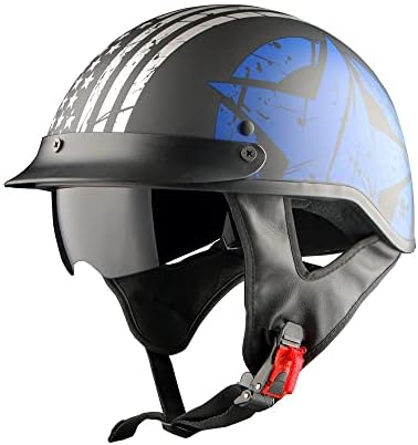 1Storm Motorcycle Half Face Helmet Mopeds Scooter Pilot with Retractable Inner Smoked Visor, Blue Flag
