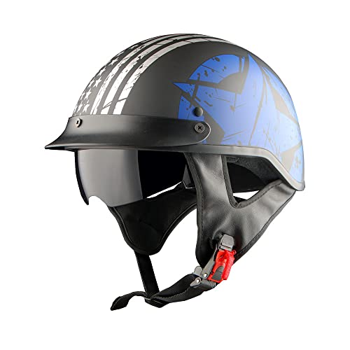1Storm Motorcycle Half Face Helmet Mopeds Scooter Pilot With Retractable Inner Smoked Visor, Blue Flag #TOP19