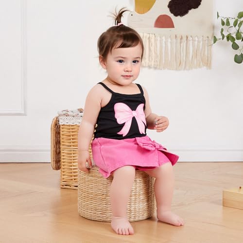 Emmababy Toddler Girls Denim Shorts Set Ribbed Crop Tank Top Sleeveless Bow Jean Shorts Skirt Western Baby Summer Clothes 6