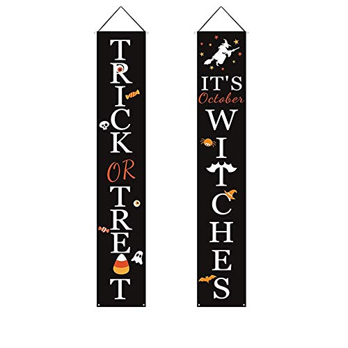 Decoraciones para Puertas de Halloween,Trick Or Treat Banner de Porche 2 Piezas Cartel Colgante de Halloween Al Aire Libre para Exteriores &Interior Decoraciones de Halloween