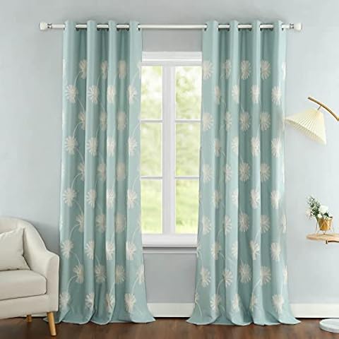 VOGOL 2 Panels Floral Pattern Embroidered Elegant Faux Linen Grommet Curtains, Thermal Insulated 60% Blackout Heavy Drapes for Bedroom Living Room, Energy Efficient Window Treatments, 52 x 96 Inch Cover