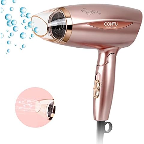 Folding Ionic Hair Dryer, CONFU 1800W Lightweight Blow Dryer Portable Compact Hairdryer, Fast Drying Blowdryer with Cool/Hot Button, 1 Nozzle, Rose Gold, UK Plug Cover