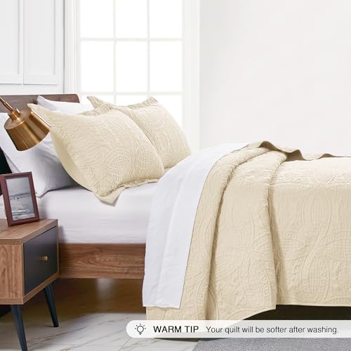 Love's cabin Quilts for Full Bed Beige Bedspread Comforters Bedding Set - Summer Lightweight Bedspread Comforter - Coin Pattern Bedding Coverlet for All Season - 3 Pieces (1 Quilt, 2 Pillow Shams)