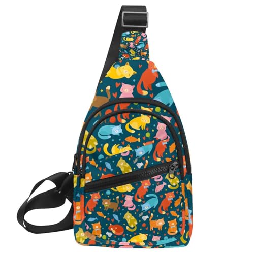 Sac de poitrine réglable avec motif chat et poisson sacoche bandoulière mixte
