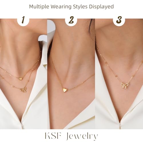 KSF Gold Bow Necklace for Women - Layered Bow Heart Gold Necklace for Women Trendy Dainty 14K Gold Plated Heart Initial Choker Chain Layered Bow Pendant Jewelry Gifts3