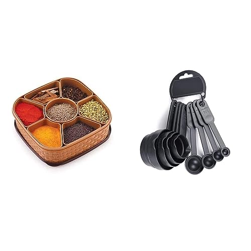 E-COSMOS Plastic Square 7 Sections Masala Rangoli Dabba Box Set – Brown (Masala Box – 7 in 1) Plastic Measuring Spoon and Cup Set, 8-Pieces (Black, Pack of 1), Mix Size (EC-Cup-Black)