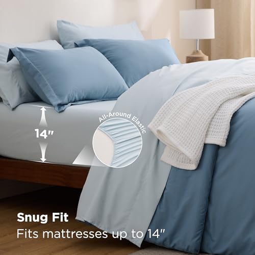Image of Bedsure Queen Comforter Set - 7 Pieces Grayish Blue Queen Bedding Set for All Seasons, Boho Contrasting Design Bed in a Bag with Comforter, Sheets, Pillowcases & Shams