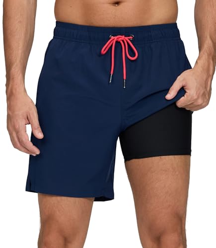 Image of Mens Swim Trunks Compression Liner No Mesh Swimming Trunks Men Swimwear Quick Dry Above Knee Zipper Pocket Swim Shorts