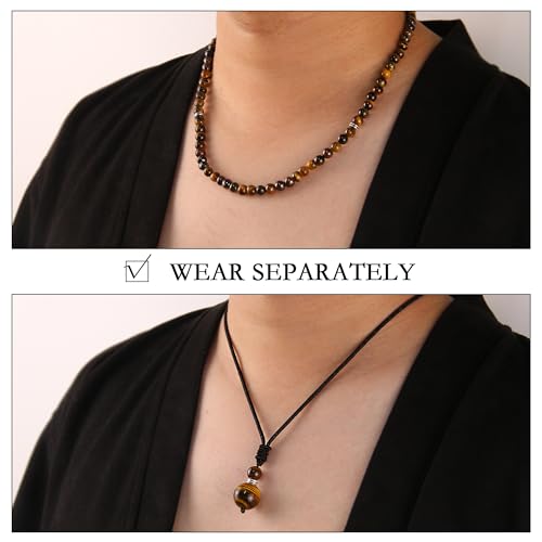 2Pcs Beaded Necklace for Men - Protection Necklace Men Choker Necklaces Obsidian Beads Pendant Jewelry Gifts for Men2