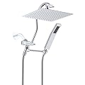 Hibbent All Metal Shower Head, 10'' High Pressure Rainfall Shower Head, Showerhead Combo/Handheld Shower Wand, 12'' Adjustable Curved Shower Extension Arm, 71'' Hose, 2 Shower Head Holders, Chrome