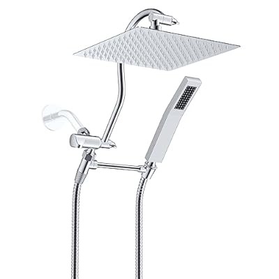 Hibbent All Metal Shower Head, 10'' High Pressure Rainfall Shower Head, Showerhead Combo/Handheld Shower Wand, 12'' Adjustable Curved Shower Extension Arm, 71'' Hose, 2 Shower Head Holders, Chrome