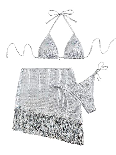 Women Bikini Sets Sparkly Glitter Contrast Sequin Halter Micro Triangle Swimsuit with Beach Skirt3