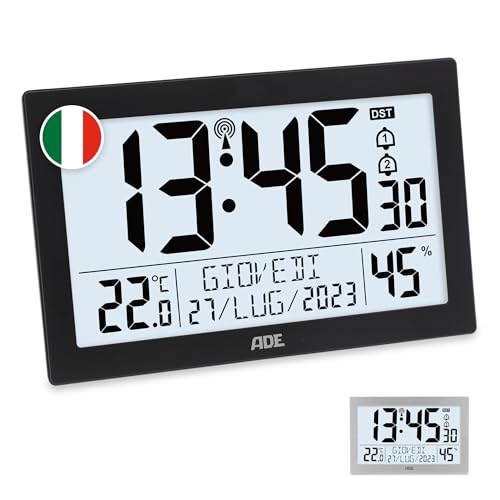ADE Orologio digitale da tavolo o parete radiocontrollato | display XL | sveglia da comodino grande moderna | grandi numeri | con termometro e igrometro | perfetto per la cucina | nero