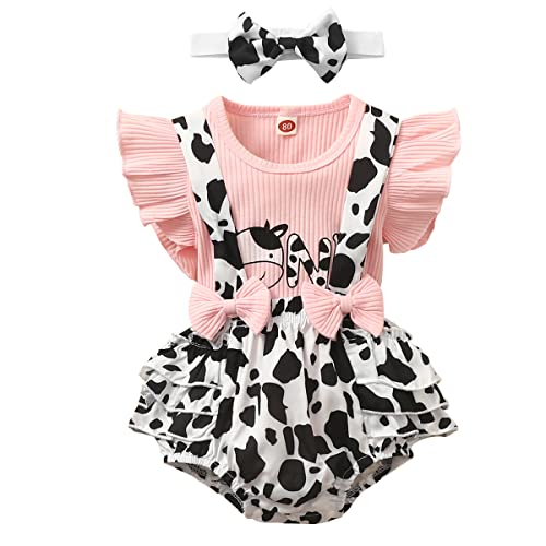 UUAISSO Nouveau-né Bébé Filles Ensembles de Vêtements Volants Hauts à Manches Courtes Short à Bretelles Florales Avec Bandeau Tenues D'été Vaches 6-12 mois Cover