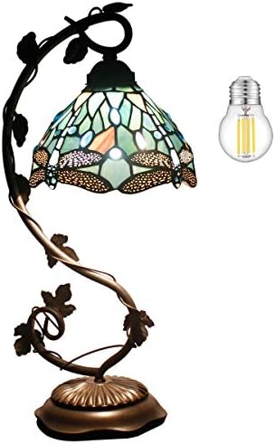 WERFACTORY Tiffany Lamp Sea Blue Stained Glass Dragonfly Style Desk Reading Light, Metal Leaf Table Lamp Base 8X10X21 Inches Decor Small Space Bedside Bedroom Home Office S147 Series