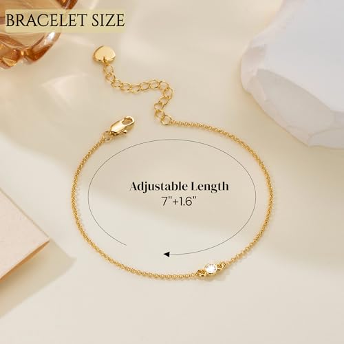 14K Gold Bracelets for Women Thin Gold Bracelets for Women Link Bracelet Simple Style with Solitaire Cubic Zirconia O-Chain Thin Chain Bracelet for Womens Adjustable Size (7-8.6) in2