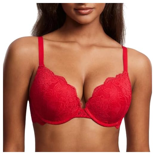 DOBREVA Reggiseno Donna Push Up in Pizzo con Ferretto Imbottito Plunge a Coppe Modellate Rossetto Rosso 3B
