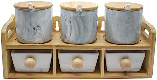 Stephanie Imports Set of 6 Tiered Marble Ceramic Condiment Spice Jars & Drawers With Spoons, Bamboo Lids and Rack (Gray)