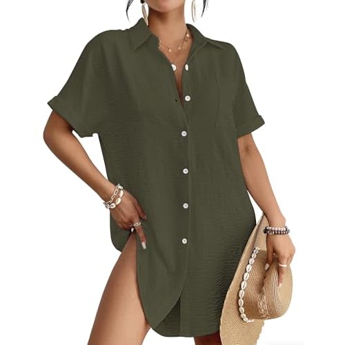Bsubseach Women Swimsuit Coverup Shirt Dress Button Down Bathing Suit Cover Up Beachwear Army Green Medium
