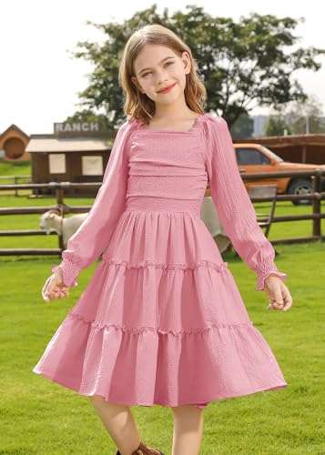 HOZIY Girls Long Sleeve Dress Ruched Smocked Tiered Ruffle A-Line Casual Boho Teen Dresses with Pocket Size 6-16 Years