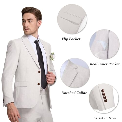 Image of Men's Linen Suit 2 Piece Slim Fit Summer Beach Wedding Prom Party | Breathable,Linen Blazer Suit Set,for Beach Weddings,Groom Wear,Prom and Outdoor Parties,Business Casual,Vacation Daily Wear