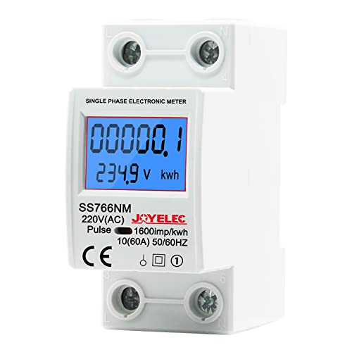 JOYELEC Contador de Energía Digital Monofásico, 230V 10 (60) A 50/60Hz, Medidor de Consumo Eléctrico Riel DIN con Pantalla LCD, Contador de Energía Inteligente para Medición de Corriente Eléctrica