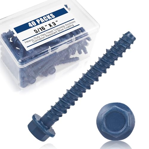 Therwen 40 Pack 5/16 x 3 Inch Concrete Screws Hex Washer Head, Blue