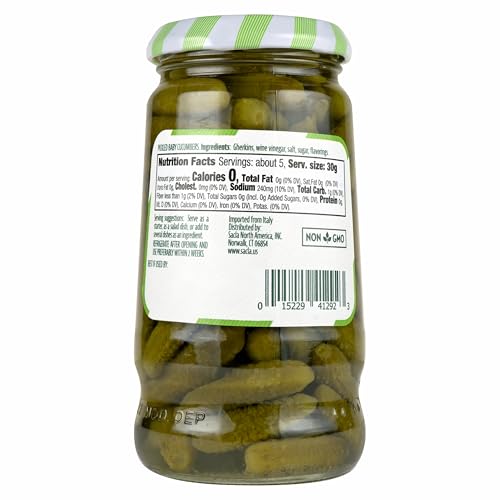 SACLA Pickled Baby Cucumbers | Italian Gherkin Pickles in Vinegar Brine | 10.59 oz Glass Jar | Crunchy & Tangy Antipasto | Non-GMO Vegan | Imported from Italy