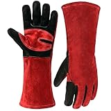 COREGROUND 16IN Fireproof Leather Welding Gloves for MIG TIG Stick, BBQ, Fireplace, Wood Stove, Forge，Oven & Animal Handling(Red/Black) (Large)