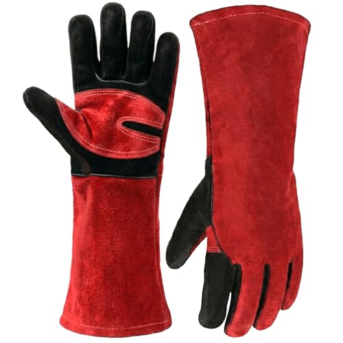 COREGROUND 16IN Fireproof Leather Welding Gloves for MIG TIG Stick, BBQ, Fireplace, Wood Stove, Forge，Oven & Animal Handling(Red/Black) (Large)