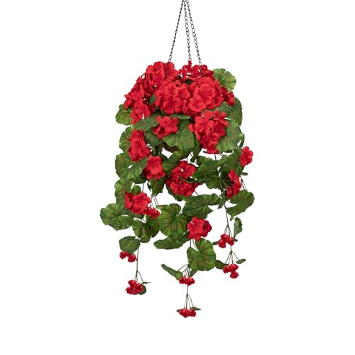 Image of Arborus Artificial Hanging Baskets 86cm Artificial Red Geranium Flowers in Basket Fake Hanging Baskets Flowers Faux Flower Front Door Plants for Indoors Home Balcony Cafes Spring Decoration