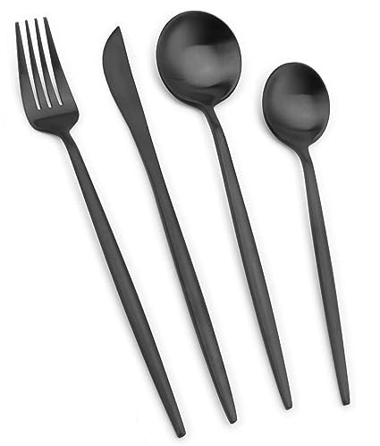 FATASH 4 PCs Stainless Steel Cutlery Set | Modern Dinnerware Includes Butter Knife Fork Spoons | Dishwasher Safe Tableware for Home Restaurant Hotel | Black Polished Silverware Gift Set of 1