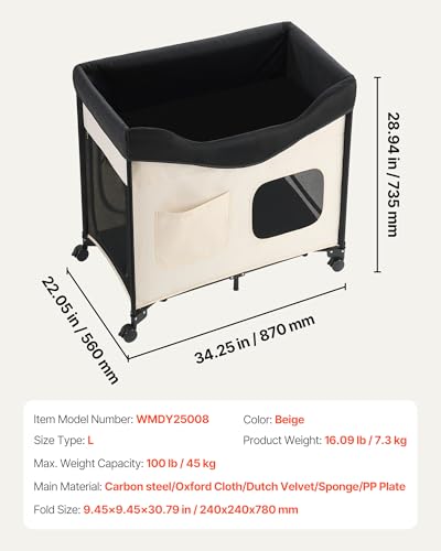 VEVOR erhöhtes Haustierbett (L), Faltbare Hundeliege mit 600D Oxford-Stoff & holländischem Samt, tragbares erhöhtes Kinderbett mit Rädern & seitlichen Aufbewahrungstaschen & Tragetasche, Beige
