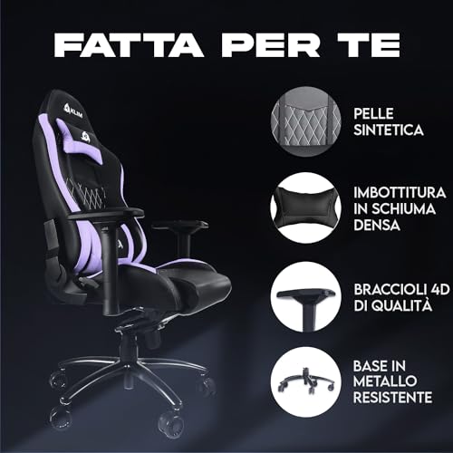 eSports - Sedia gaming Viola di Alta Qualità + Supporto Lombare e Cervicale + Reclinabile + Poltrona Gaming Ergonomica e Regolabile + Pelle Sintetica e Materiali Premium [NUOVA VERSIONE] - Sedia gaming - Immagine 3