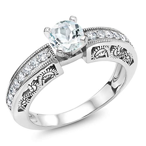 Gem Stone King 925 Sterling Silver Sky Blue Aquamarine Engagement Filigree Ring For Women (1.34 Cttw, Round 6MM, Gemstone March Birthstone, Available In Size 5, 6, 7, 8, 9)