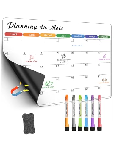 SONNELD Planning frigo magnétique effaçable – Semainier & organisateur familial pour réfrigérateur – Tableau blanc magnétique réutilisable pour menus, tâches, rendez-vous, to-do list