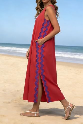 Image of utcoco Women's Summer Beach Boho Flowy Maxi Dress Casual Sleeveless V Neck Side Slit RIC Rac Tank Dress