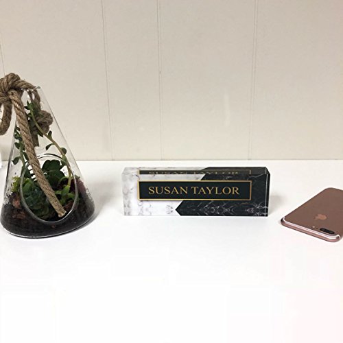 Artblox Personalized Name Plate for Desk | Black & White Marble Design On Clear Acrylic Glass | Custom Desk Name Plate Personalized Name and Credentials for Teacher Phd Military Office Name Plate