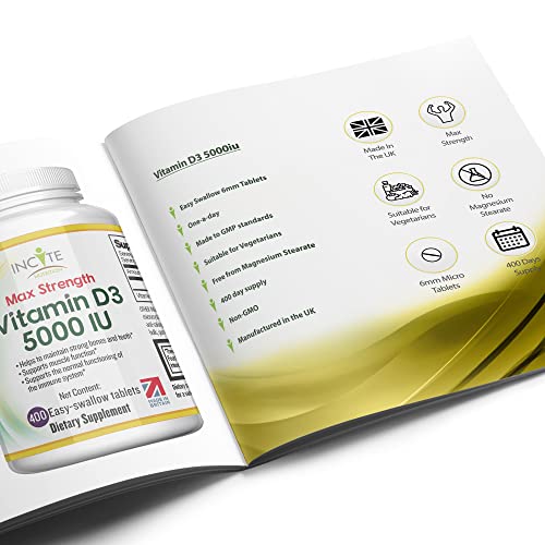 Incite Nutrition Vitamin D 5000 Iu - 400 Premium Vitamin D3 Easy-Swallow Micro Tablets - One A Day High Strength Cholecalciferol Vit D3 5000Iu - Vegetarian Supplement - Made In The Uk #TOP6