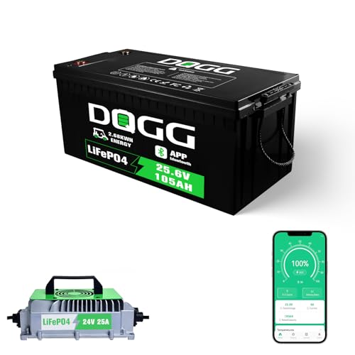 ABCTOY 24V/25.6V 105AH Lithium LiFePO4 Battery with Charger & Bluetooth, Built-in 100A BMS, 8000+ Deep Cycle Battery, Great for Trolling Motors, RV, Camper, Solar Off-Grid, Marine, Boat