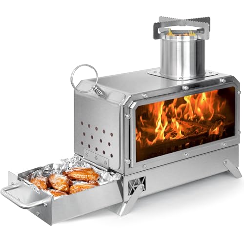 GoHawk Portable Wood Burning Camp Stove 9.5" Mini Heater Burner with Fireproof Glass Window 304 Stainless Steel Cooking Oven Grill Heating Tray for BackPacking Camping Tent Fishing Hiking Picnic BBQ