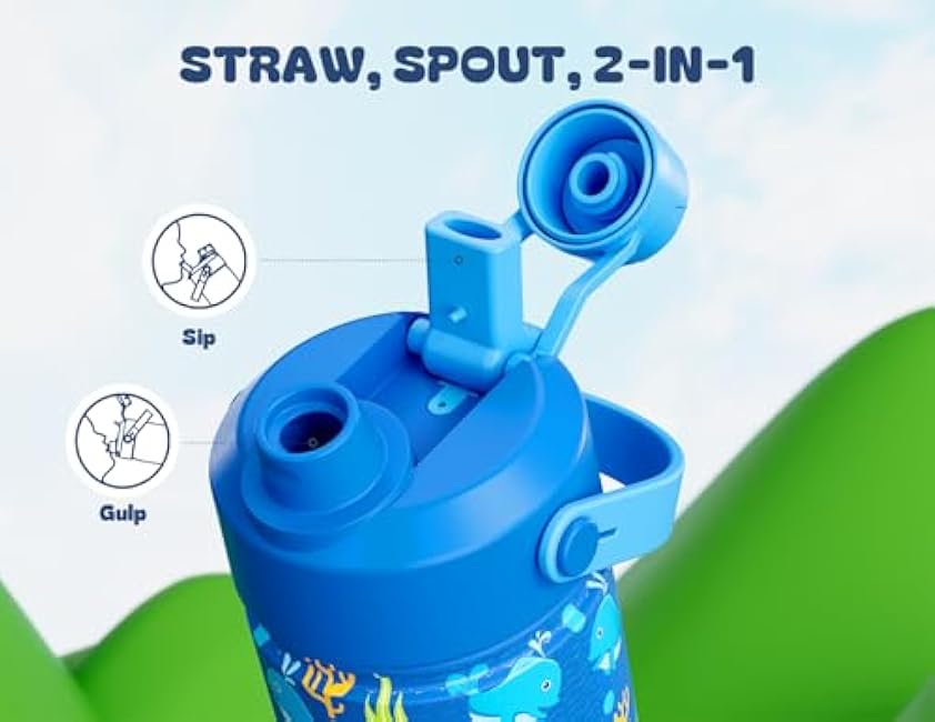 18 oz Kids Metal Water Bottle for Boys: Leakproof, BPA-Free, Keep Cold 24H, Easy Clean, Insulated Stainless Steel Cup with Straw Spout Lid for Sports, Travel, Camp, Children Gift (Playful Dolphin)