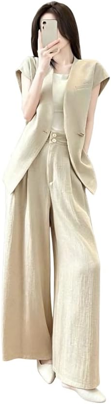 Women's 2 Piece Set V-Neck Single Button Belt Vest High Waist Straight Pants Suit